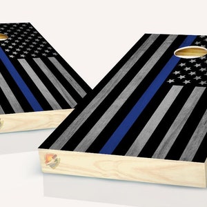 American Flag Black and Gray Thin Blue Line Cornhole Board Vinyl Wrap Laminated Sticker Set
