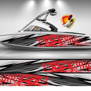 Astratto bianco e nero rosso lische di pesce spigola grafica barca vinile avvolgere decalcomania pesca basso pontone decalcomania sportivo ecc... Barca Wrap Decal