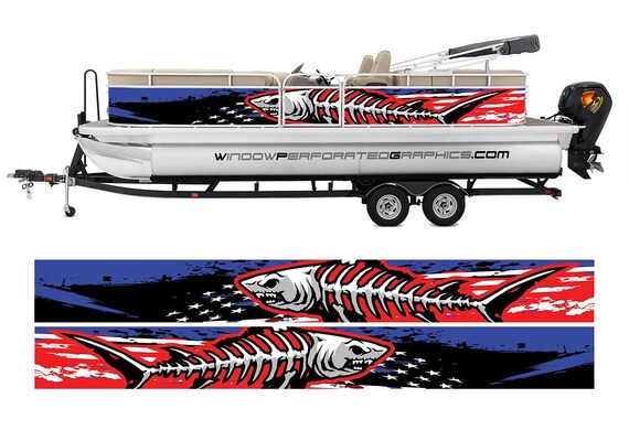 Distressed American Flag & Shark Fishbones Modern Lines Graphic Vinyl Boat  Wrap Fishing Pontoon Sportsman Watercraft Etc.. Boat Wrap Decal 