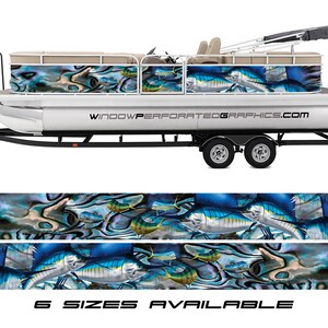 May include: A white pontoon boat with a blue and green fish graphic wrap. The boat is on a trailer with two wheels. The text "WINDOWPERFORATEDGRAPHICS.COM" is on the side of the boat. The text "6 SIZES AVAILABLE" is at the bottom of the image.