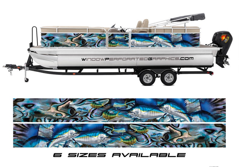 May include: A white pontoon boat with a blue and green fish graphic wrap. The boat is on a trailer with two wheels. The text "WINDOWPERFORATEDGRAPHICS.COM" is on the side of the boat. The text "6 SIZES AVAILABLE" is at the bottom of the image.
