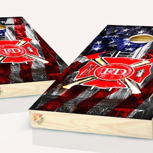 American Flag Fire Department Cornhole Board Vinyl Wrap Laminated Sticker Set Decal