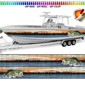 Sea Bass Lake Fishing Sunset Graphic Vinyl Boat Wrap Pontoon Sportsman Console Bowriders Watercraft etc.. Boat Wrap Decal