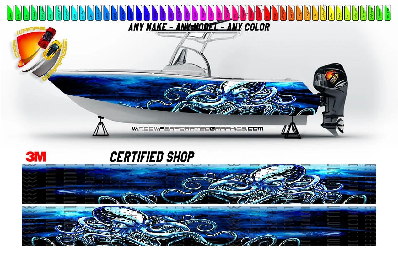 Octopus Blue and Black Graphic Vinyl Boat Wrap Decal Pontoon Sports ...
