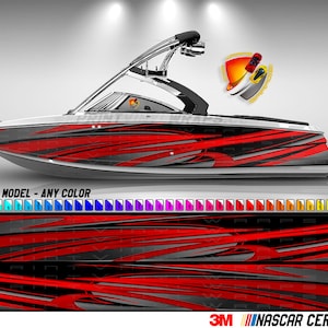 Puede incluir: Un dise&ntilde;o de envoltura de barco rojo, negro y plateado con un patr&oacute;n gr&aacute;fico de l&iacute;neas curvas. El dise&ntilde;o est&aacute; disponible en cualquier color y se puede aplicar a cualquier marca o modelo de barco. 3M NASCAR Certified Shop.