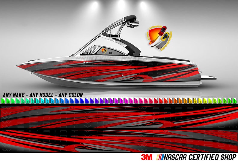 Puede incluir: Un dise&ntilde;o de envoltura de barco rojo, negro y plateado con un patr&oacute;n gr&aacute;fico de l&iacute;neas curvas. El dise&ntilde;o est&aacute; disponible en cualquier color y se puede aplicar a cualquier marca o modelo de barco. 3M NASCAR Certified Shop.