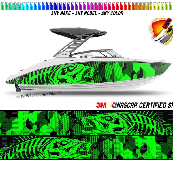 Camo Lime Green Seabass Graphic Boat Vinyl Wrap Decal Fishing Bass Pontoon Decal Bowriders Deck Watercraft   etc.. Boat Wrap Decal