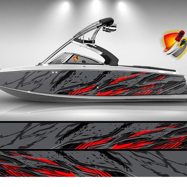 Gray, Red and Black Lines Modern Graphic Vinyl Boat Wrap Decal Fishing  Pontoon Sportsman Console Bowriders Watercraft etc.. Boat Wrap Decal
