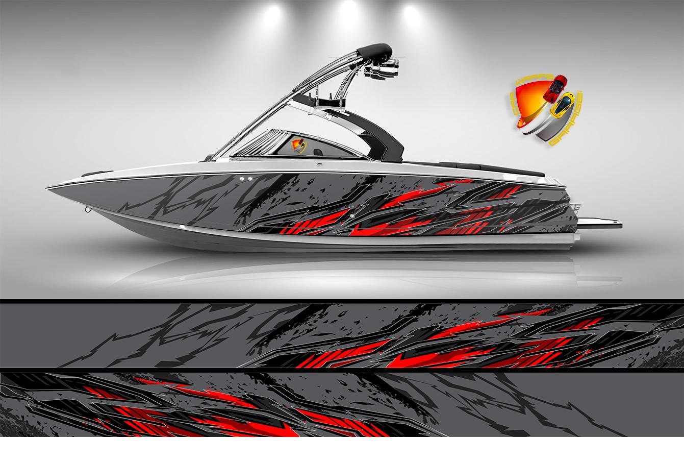 Gray, Red and Black Lines Modern Graphic Vinyl Boat Wrap Decal Fishing  Pontoon Sportsman Console Bowriders Watercraft etc.. Boat Wrap Decal
