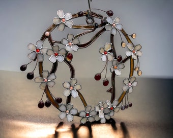 Cherry blossoms/cherry branch/glass wreath/Tiffany technique/wall decoration/stained glass/stained glass/original/home decor/Easter/window picture