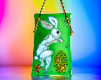 Glasbild Osterhase /Fusing/Glas /Fensterbild/Paneel/Glasmalerei/Schmelzglas/Buntglas/Unikat/Handgefertigt/Modern Kunst/ Ostern