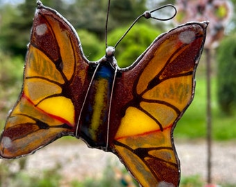 Butterfly in yellow / moth / stained glass / glass picture / window picture / garden decoration / stained glass / gifts / leather strap