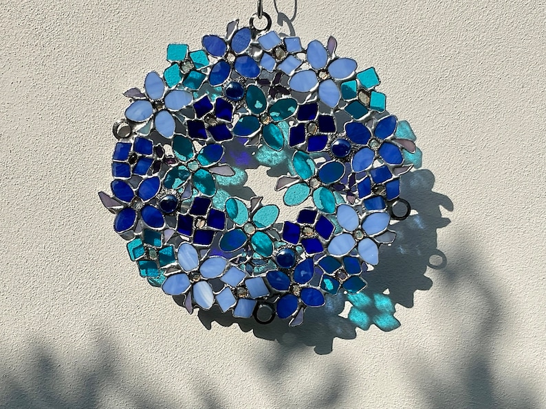 Flowers in blue/glass wreath/Tiffany technique/wall decoration/stained glass/stained glass/handmade/Easter/home decor/Mother's Day/gifts image 1