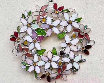 Apple blossom glass wreath/Tiffany technique/Wall decoration/Stained glass/Stained glass/Original handmade/Caboschon Easter home decor