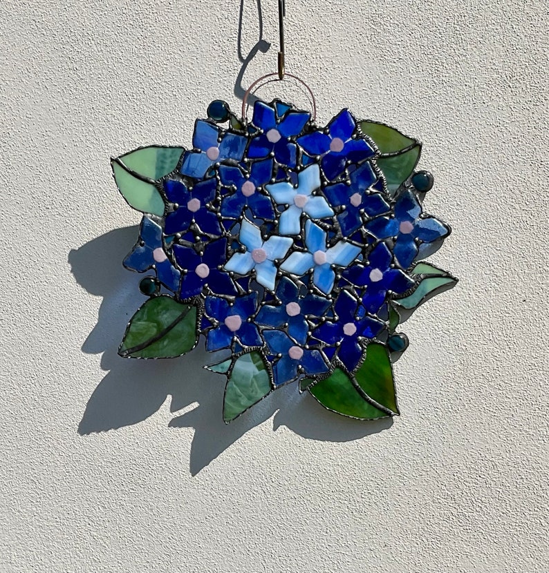 Hydrangeas/Flowers in Blue/ Glass Wreath/ Tiffany Technique / Wall Decoration / Stained Glass / Handmade /Home Décor/Gifts image 5