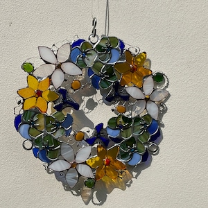 Window decorations / colorful glass wreath / yellow / blue / white / green / stained glass / suncatcher / mother's day gift / window picture / glass painting image 7