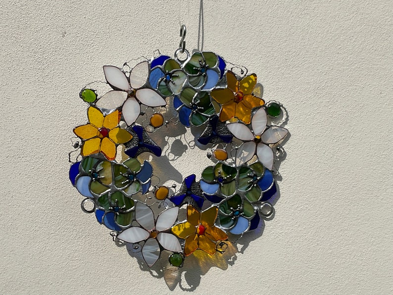 Window decorations / colorful glass wreath / yellow / blue / white / green / stained glass / suncatcher / mother's day gift / window picture / glass painting image 7