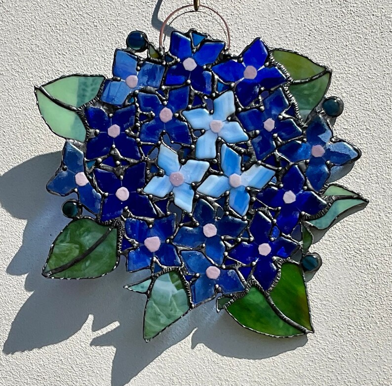 Hydrangeas/Flowers in Blue/ Glass Wreath/ Tiffany Technique / Wall Decoration / Stained Glass / Handmade /Home Décor/Gifts image 3