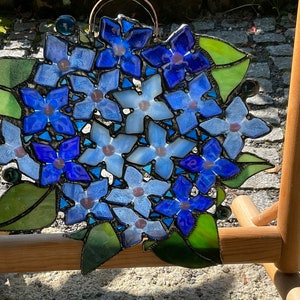 Hydrangeas/Flowers in Blue/ Glass Wreath/ Tiffany Technique / Wall Decoration / Stained Glass / Handmade /Home Décor/Gifts image 1