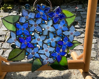 Hydrangeas/Flowers in Blue/ Glass Wreath/ Tiffany Technique / Wall Decoration / Stained Glass / Handmade /Home Décor/Gifts