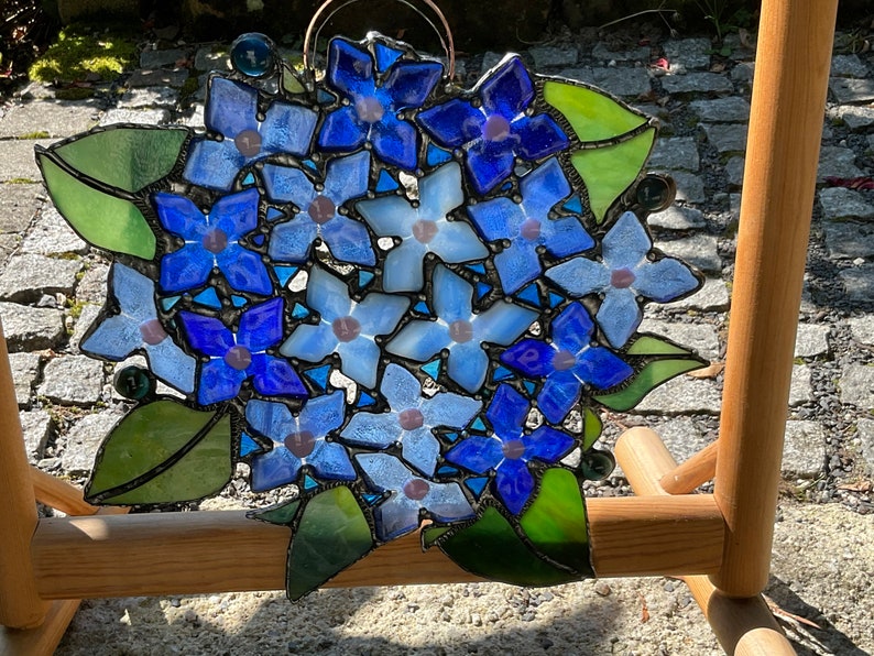 Hydrangeas/Flowers in Blue/ Glass Wreath/ Tiffany Technique / Wall Decoration / Stained Glass / Handmade /Home Décor/Gifts image 1
