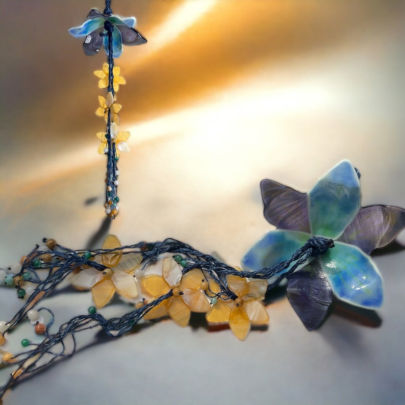 Garland with flowers/suncatcher/wind chime/stained glass/fusing/bell chime/glass hood/garden decoration/stone beads/quartz/agate image 2