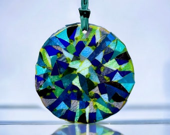 Glass panel blue green/fusing/ wreath/ window picture/ fused glass/ sun catcher/ Mother's Day/ wreath/ gifts/ mosaic/ decoration