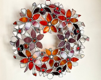 Glass wreath/variant orange/white/Tiffany technique/wall decoration/stained glass