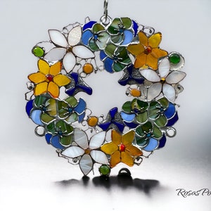 Window decorations / colorful glass wreath / yellow / blue / white / green / stained glass / suncatcher / mother's day gift / window picture / glass painting image 3