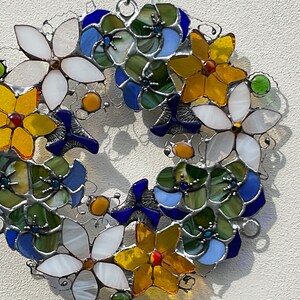 Window decorations / colorful glass wreath / yellow / blue / white / green / stained glass / suncatcher / mother's day gift / window picture / glass painting image 8