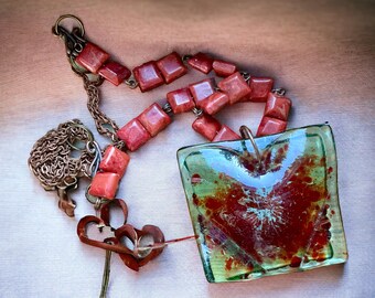 Coral Jewelry/Fusing Glass Heart/ Tiffany Technique Style/ Coral Red Pendant/ Glass Jewelry/Valentine/Copper Chain/Handmade/Gifts