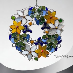 Window decorations / colorful glass wreath / yellow / blue / white / green / stained glass / suncatcher / mother's day gift / window picture / glass painting image 1