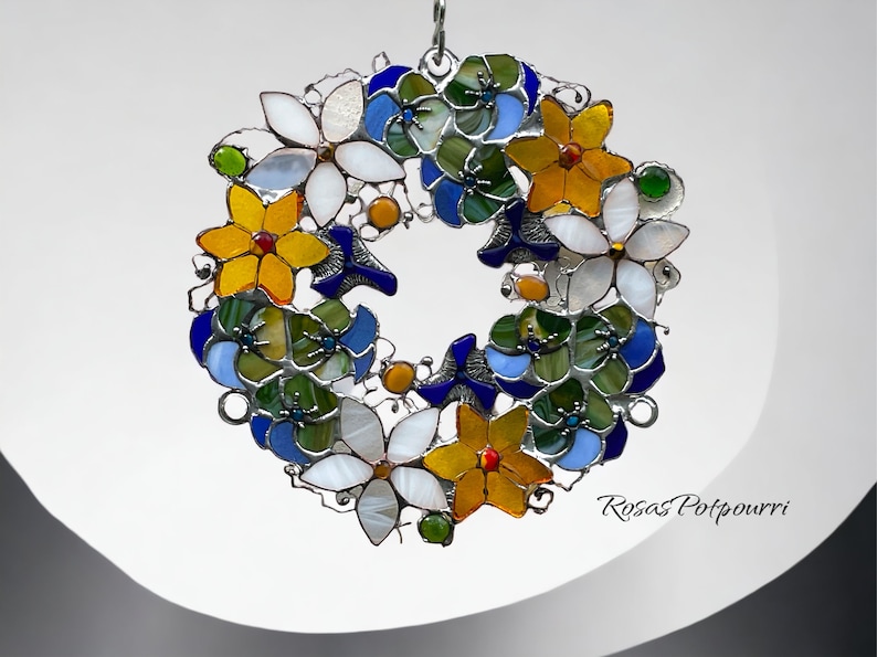 Window decorations / colorful glass wreath / yellow / blue / white / green / stained glass / suncatcher / mother's day gift / window picture / glass painting image 1