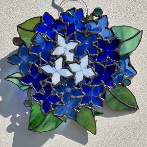 Hydrangeas/Flowers in Blue/ Glass Wreath/ Tiffany Technique / Wall Decoration / Stained Glass / Handmade /Home Décor/Gifts image 2