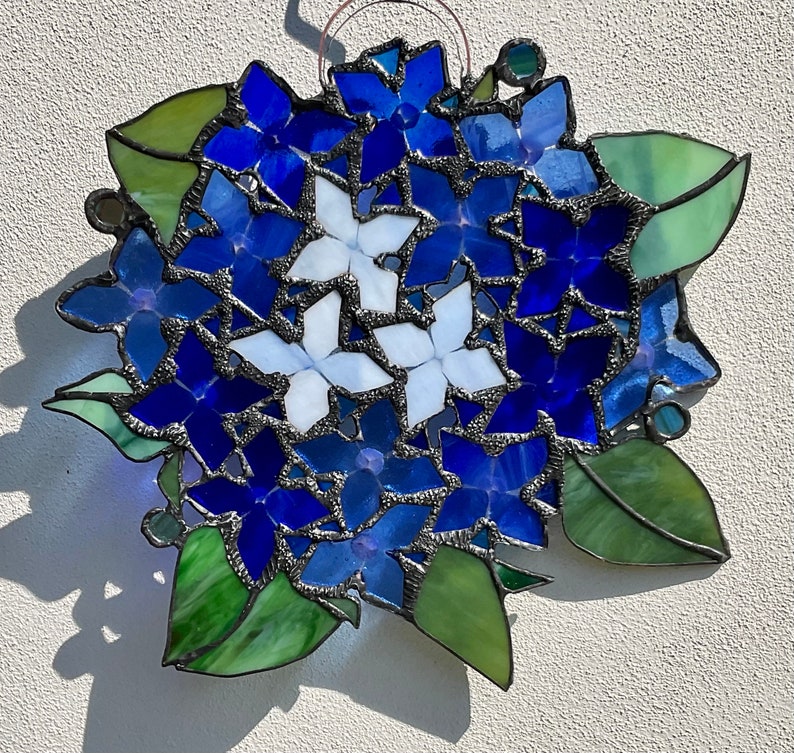 Hydrangeas/Flowers in Blue/ Glass Wreath/ Tiffany Technique / Wall Decoration / Stained Glass / Handmade /Home Décor/Gifts image 2