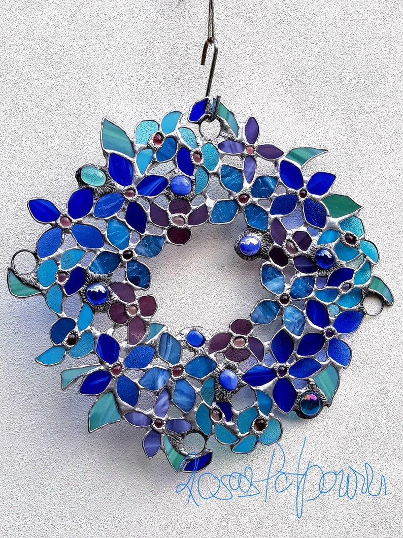 Flowers in blue/glass wreath/Tiffany technique/wall decoration/stained glass/stained glass/handmade/Easter/home decor/Mother's Day/gifts image 3