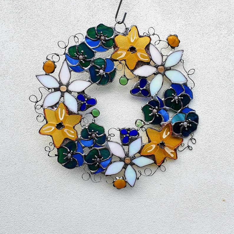 Window decorations / colorful glass wreath / yellow / blue / white / green / stained glass / suncatcher / mother's day gift / window picture / glass painting image 6