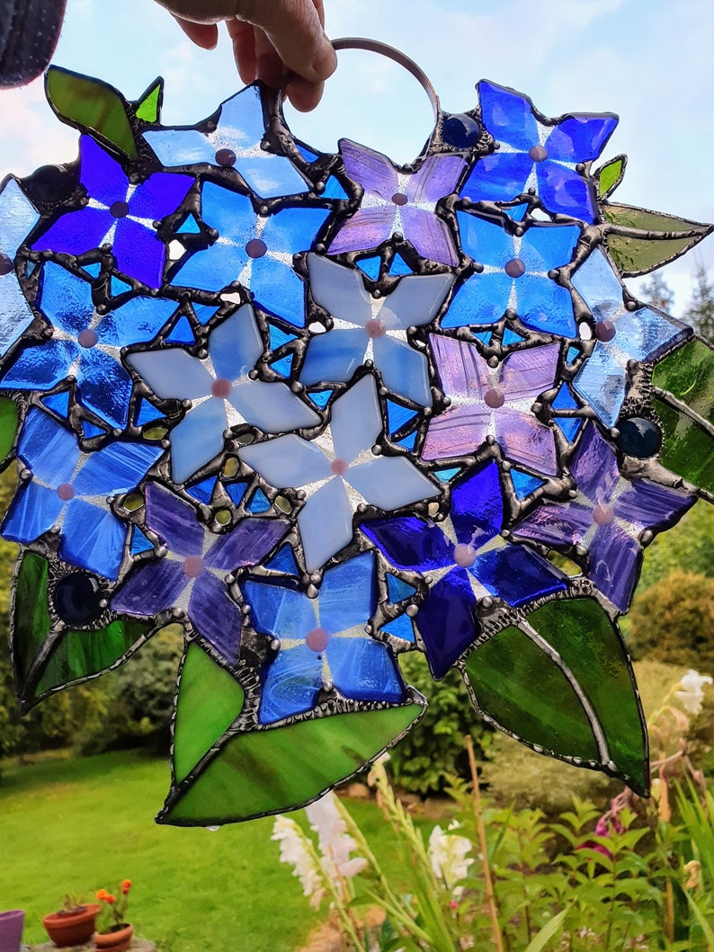 Hydrangeas/Flowers in Blue/ Glass Wreath/ Tiffany Technique / Wall Decoration / Stained Glass / Handmade /Home Décor/Gifts image 9