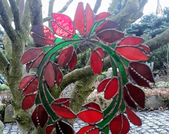 Fensterschmuck/Tulpen/Rot/Stained Glass/Lichtspiel/Wohndekor/Frühling/Ostern/Kranz/Glas/Blüten/Glasmalerei/Gartendekoration/Suncatcher