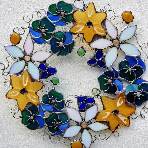 Window decorations / colorful glass wreath / yellow / blue / white / green / stained glass / suncatcher / mother's day gift / window picture / glass painting