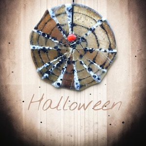 Spider web/Halloween/Tumbled stone spider/Fusing/Stained glass/Decoration/Glass art/Copper wire/Round/Handmade/Gifts/Glass picture