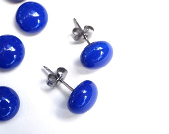 Royal blue fused glass stud earrings, bright blue earrings, pop of color jewelry, round push back studs, colorful handmade accessories