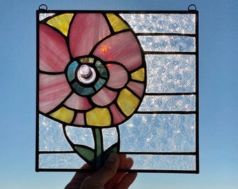 Stained glass flower art, Small square stained glass panel, Stained glass gift for gardener, Unique glass window decor, Flower power art