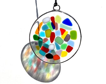 Multicolored stained glass suncatcher, colorful fused glass suncatcher, mosaic glass suncatcher, round glass art, unique rainbow glass art