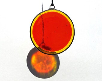 Stained glass suncatcher, fused glass suncatcher, orange glass suncatcher, orange and yellow round window hanging, colorful glass mandala