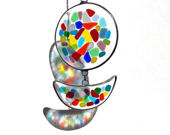 Unique multicolored mosaic stained glass mobile suncatcher, Colorful fused glass window art, Round glass window hanging,