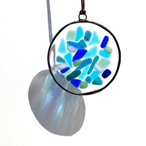 Blue stained glass suncatcher large, fused glass suncatcher, mosaic glass suncatcher, sea glass art, glass beach creations, colorful glass image 1