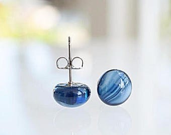 Blue glass earrings, fused glass studs, blue glass studs, blue and white small studs, dark blue earrings, handmade glass jewelry
