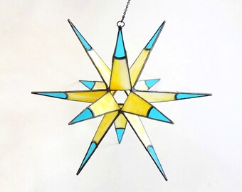 Large stained glass colorful Moravian Star, yellow and blue geometric stained glass suncatcher, handcrafted 3D stained glass star