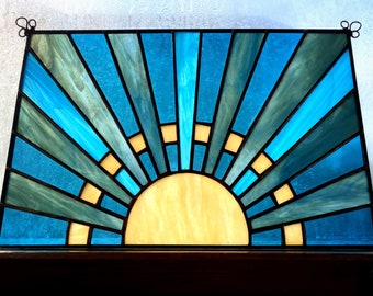 Stained glass blue sky sunrise, blue Art Deco stained glass panel, glass window hanging, colorful stained glass sunset, 9 x 14 inch